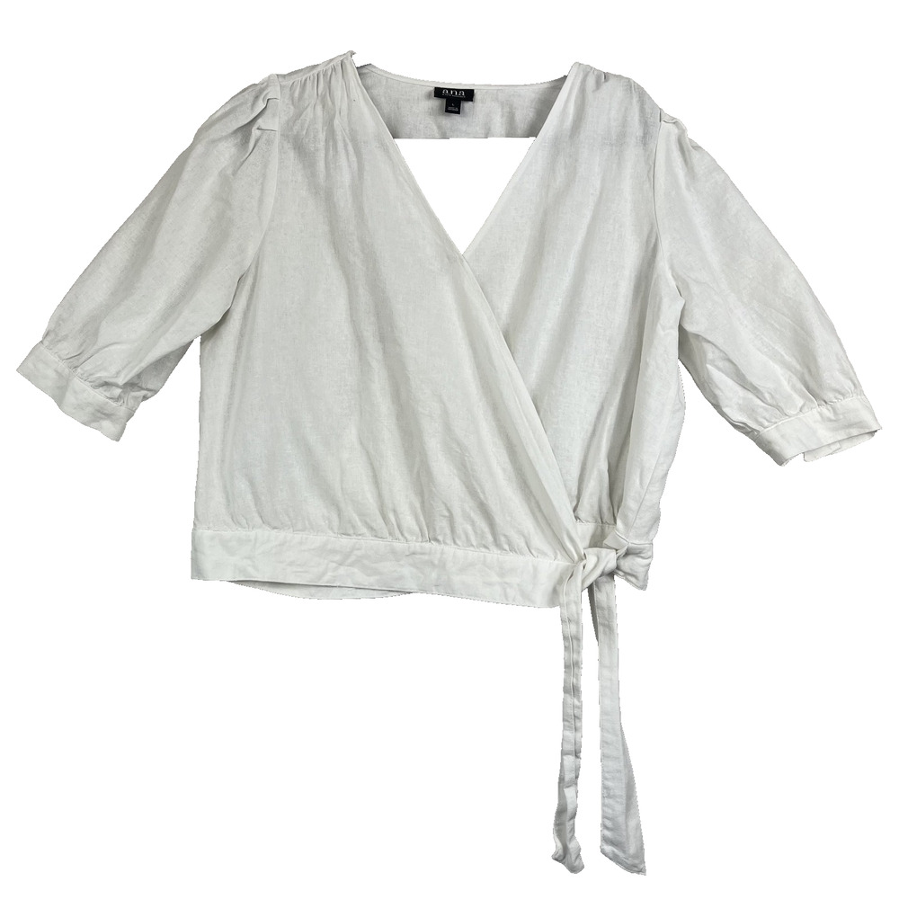 A.N.A White Wrap Blouse Women's Large Linen Blend Puff Sleeves Side Tie